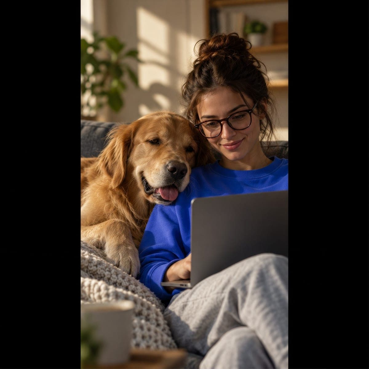 A woman on the sofa with her dog, using a laptop